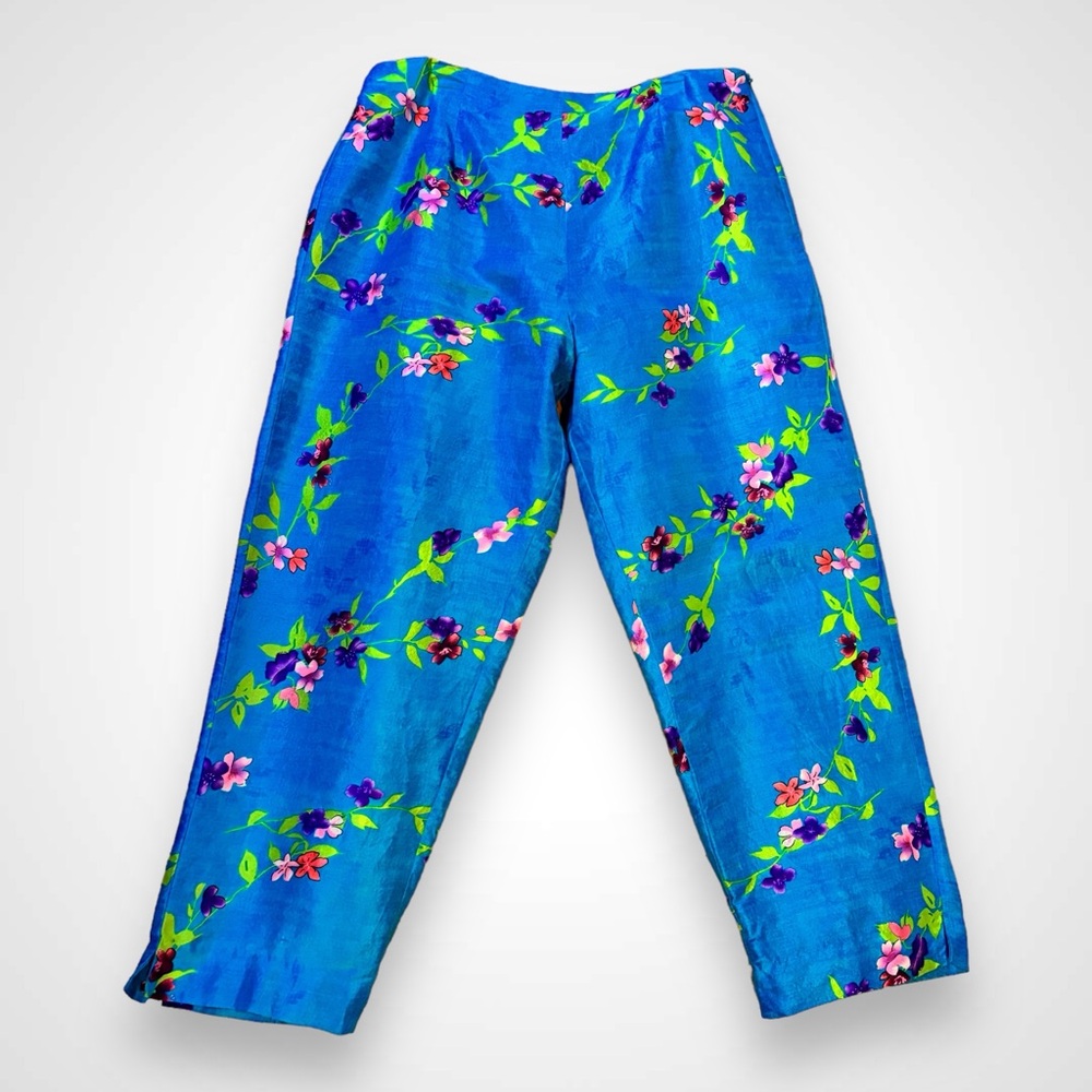 Emily Spencer 100% Silk Blue Floral Print Capri Pants Women's 10 Hawaiian